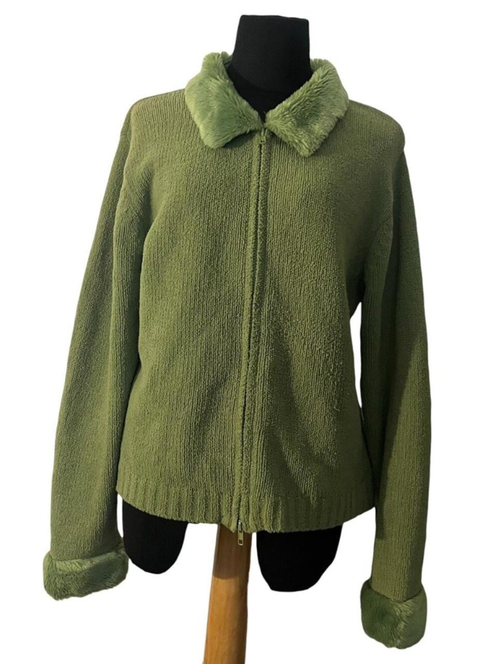 green faux fur zip up jacket/sweater
